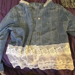Denim Jacket with Lace Trim